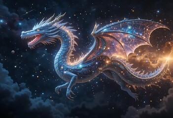 Flying Dragon with Starry Wings in a Night Sky