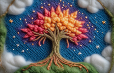 Fototapeta premium Here's the description and keywords: A vibrant embroidered tree, with colorful leaves that burst with light, stands against a starry night sky. The tree roots anchor it to the grassy earth. Soft cloud
