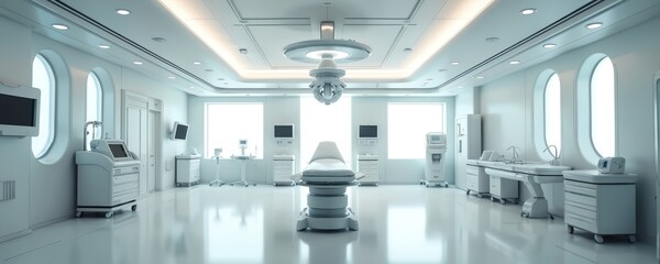 Fototapeta premium Futuristic sci-fi hospital interior. Tender dreamy design with white walls, monitors, equipment. Room with innovative technology. Perfect for medical, science, healthcare, high-tech, laboratory,
