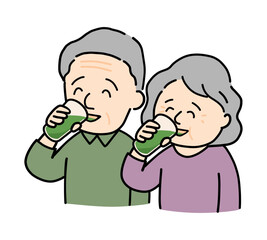 青汁を美味しそうに飲む笑顔のシニア夫婦のイラスト
