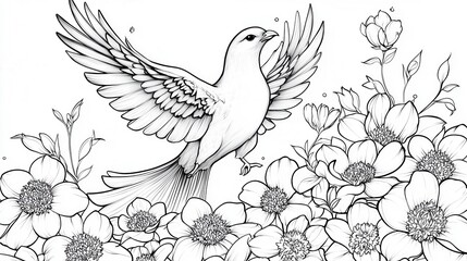 Fototapeta premium Elegant Bird Sketch Among Flower Blossoms
