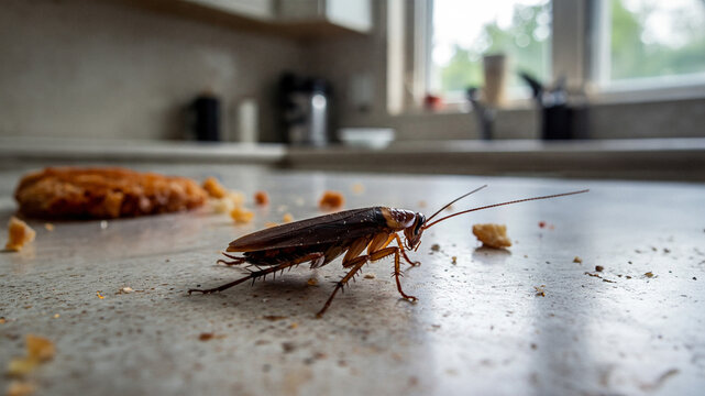 Close-up of the cockroach on the kitchen furniture