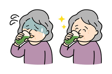 青汁が苦手な顔と美味しそうに飲む顔のシニア女性イラストセット