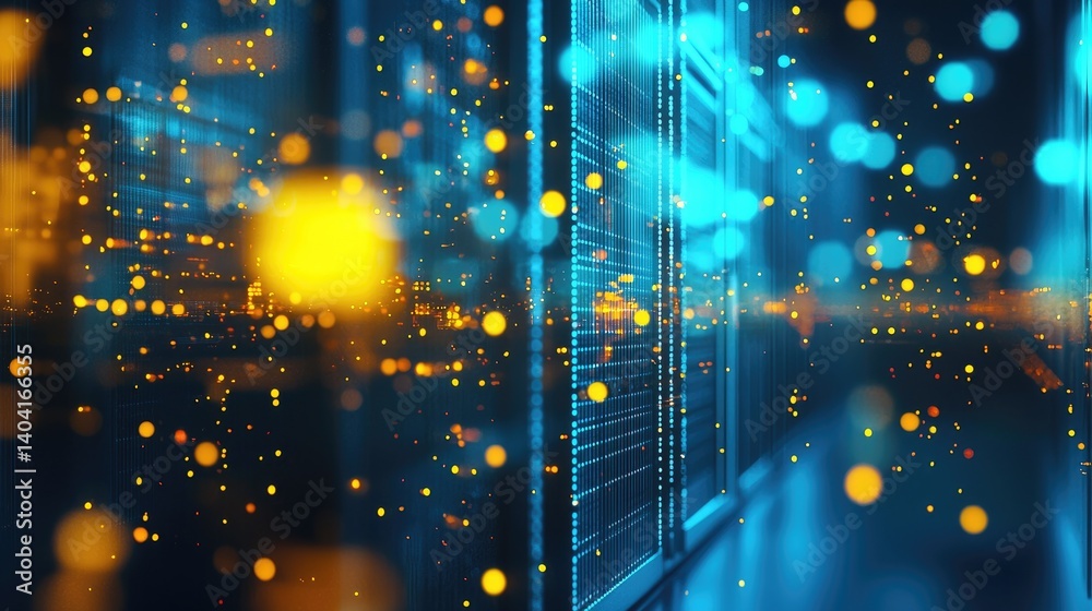 Poster futuristic server room with glowing blue panels and floating golden particles, ideal for tech ads, c