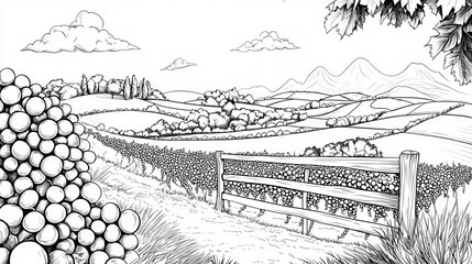 Fototapeta premium Scenic Vineyard Landscape in Black and White