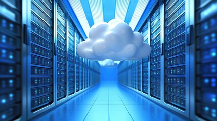 3D cloud floating in a futuristic server room symbolizes cloud computing, ideal for IT services, data center solutions, and digital storage promotions