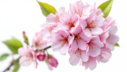 Fototapeta premium Sakura bouquet with dewdrops, soft pink petals, white backdrop, vivid, fresh, spring beauty.