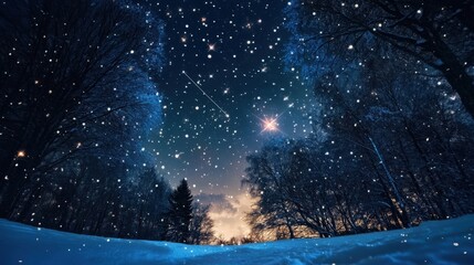 A beautiful winter scene showing trees and a starry night sky