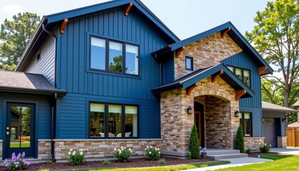 The facade of the luxurious new construction home features a striking combination of deep blue siding paired with natural stone walls, creating a modern and sophisticated aesthetic
