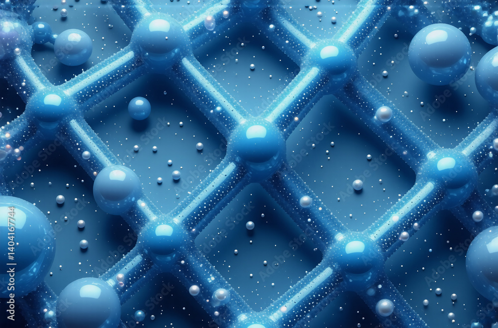 Poster abstract blue interconnected spheres and lines form a grid-like structure against a dark backdrop wi