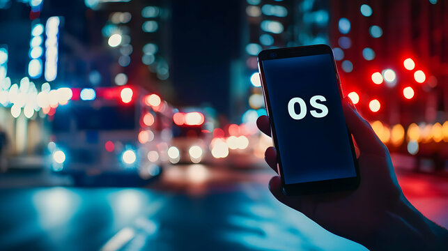 Hand Holding Illuminated Smartphone with OS Text in City at Night with Bokeh Background