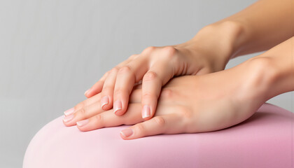Fototapeta premium Elegant hands resting on soft surface, minimalist serenity