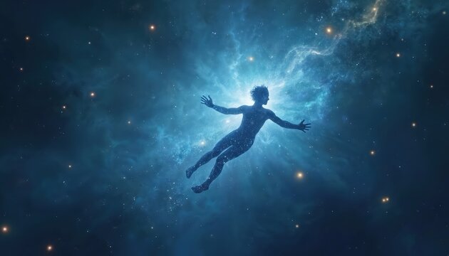 Astral traveler floats through cosmic ethereal plane. Silhouette in deep blue space. Surreal journey, meditation, spiritual experience. Exploring consciousness, inner world, astral projection,