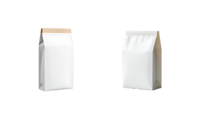 white coffee bean bags displayed in a row with different folded top designs