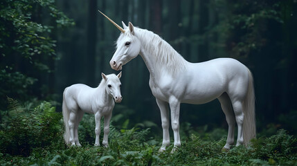 Obraz premium White Unicorn And Foal In Dark Forest
