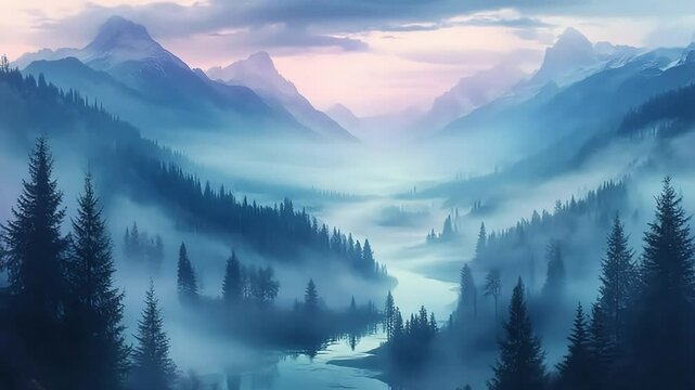 A Mystical Landscape: A Ring of Pine Trees on a Foggy Mountainside, Framing a Dreamy Valley with Glowing Rivers and Distant Peaks