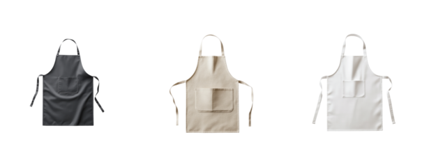 Stylish aprons displayed in a row showcasing variety in material and design