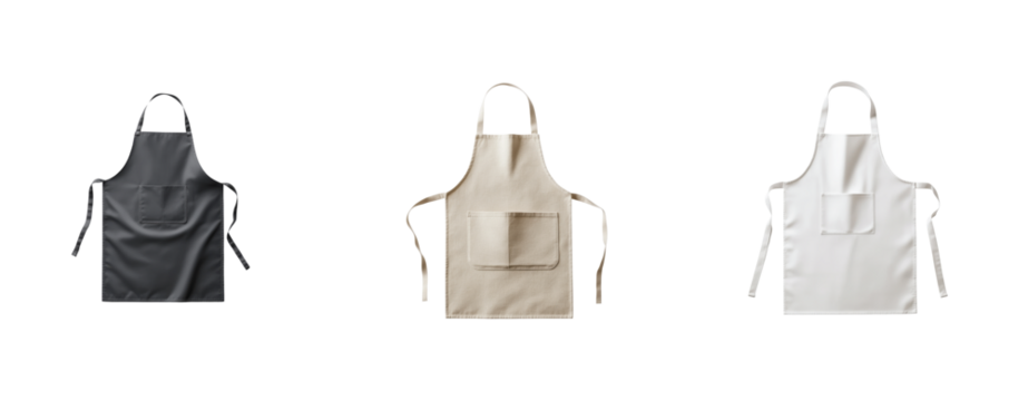 Stylish aprons displayed in a row showcasing variety in material and design
