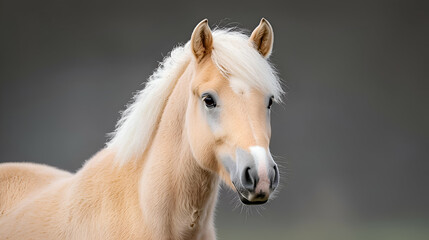 Fototapeta premium Portrait of a Palomino Pony with Blonde Mane Against a Grey Background