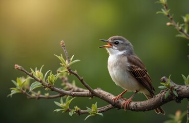 Common Whitethroat bird sings on tree branch in early morning. Sylvia communis sits on branch with fresh green leaves. Springtime wildlife nature photo, with colorful plumage. Perfect background for