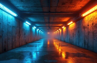 Cyberpunk neon lights illuminate underground garage. Concrete brick wall asphalt tunnel. Futuristic scene with blue orange colors. Dark moody environment. AI art.