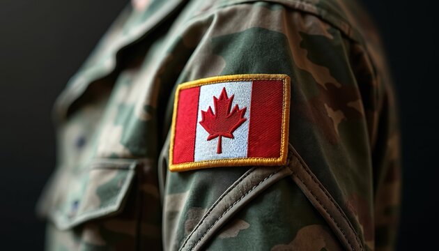 Camouflage military uniform with Canada flag patch on shoulder. Representing Canadian armed forces, soldier dedication. Symbol of patriotism, duty, service, defense, honor, freedom. Ideal for content