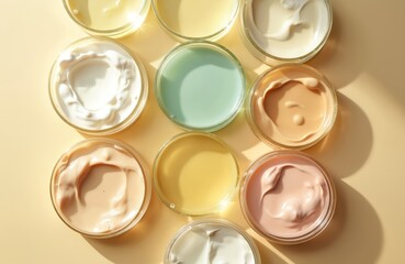 Flat lay composition various skincare products in petri dishes. Shadow on yellow background, top view. Serums, creams, lotions, gels. Cosmetology, dermatology, beauty industry, facial treatment.