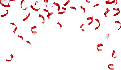 Red confetti and streamers falling on transparent background 