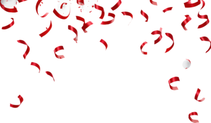 Red confetti and streamers falling on transparent background 