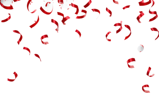 Red confetti and streamers falling on transparent background 