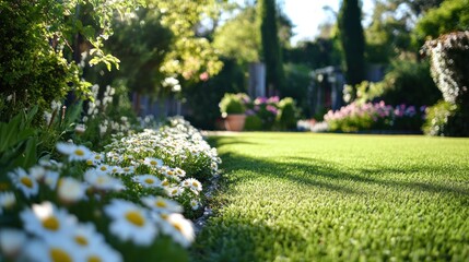 Obraz premium Sunlit lawn edged with cheerful daisies in a beautiful verdant garden