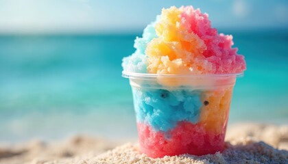 Colorful shaved ice treat on beach. Refreshing cold dessert in plastic cup with multiple layers. Summer vibes, tropical vacation theme. Perfect for advertising, marketing, food blogs, travel agencies.