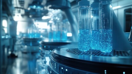 Advanced scientific laboratory interior with glowing blue liquid in test tubes