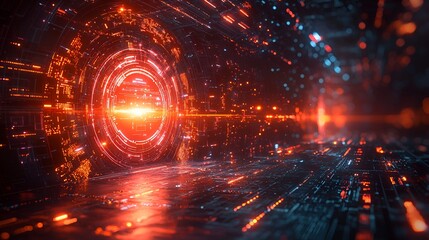 Futuristic digital tunnel with glowing orange and blue circuits.