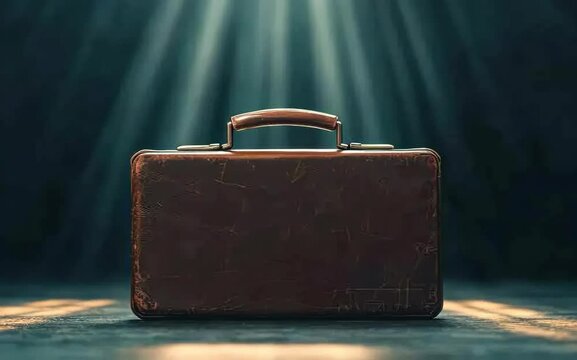 A cracked briefcase with light beams pouring out, symbolizing how innovation breaks through traditional business barriers. Set in a modern, open workspace. Realistic, medium shot.