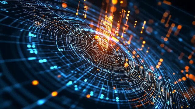 Digital data swirl, network, glowing core, abstract background, tech concept