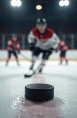 Fototapeta premium Hockey player focuses on puck, preparing shot during game on ice rink. Players skate fast with sticks. Action shot, dynamic movement, winter sport, sports team training.