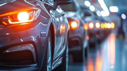 Fototapeta premium Automotive industry new car production line modern vehicle manufacturing process headlight design and technology