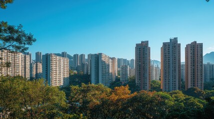 Obraz premium Urban vista of residential towers blending with verdant treetops landscape
