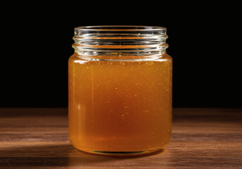 A close-up shot of a glass jar filled with golden honey, placed on a wooden surface with a dark background.
