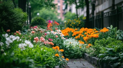 Vibrant blossoms enrich an urban garden walkway during springtime