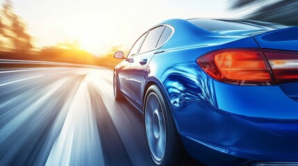 Blue car speeding on highway road trip automotive transportation vehicle travel fast motion blur concept