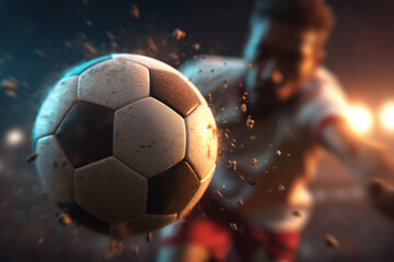 a stunning action photo mid-air of a brand new clean soccer ball flying mid-air with a soccer player  in the background