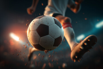 a stunning action photo mid-air of a brand new clean soccer ball flying mid-air with a soccer player  in the background