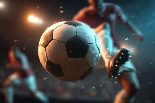 a stunning action photo mid-air of a brand new clean soccer ball flying mid-air with a soccer player  in the background