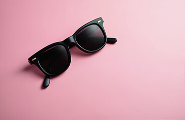Black sunglasses on pink background. Stylish eyewear, modern design for vision protection. Fashion accessory for travel, vacation, summer. Sunglasses isolated on colorful vibrant background. Frame