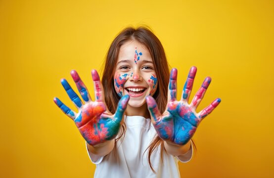 Little girl shows colorful painted palms, smiles brightly. Child has face art from school class. Happy girl shows creative art with fingers. Joyful time with paints.