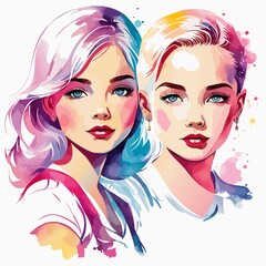 Naklejka premium Portrait of two girls with multicolored hair. Friends, sisters. Teenagers, schoolgirls. Watercolor illustration on white background. JPEG version.