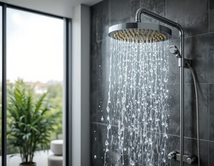 luxury modern shower with rainfall head and water jets in tiled bathroom - obrazy, fototapety, plakaty