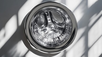 A top-down view of a shiny washing machine drum with reflections and shadows on a surface